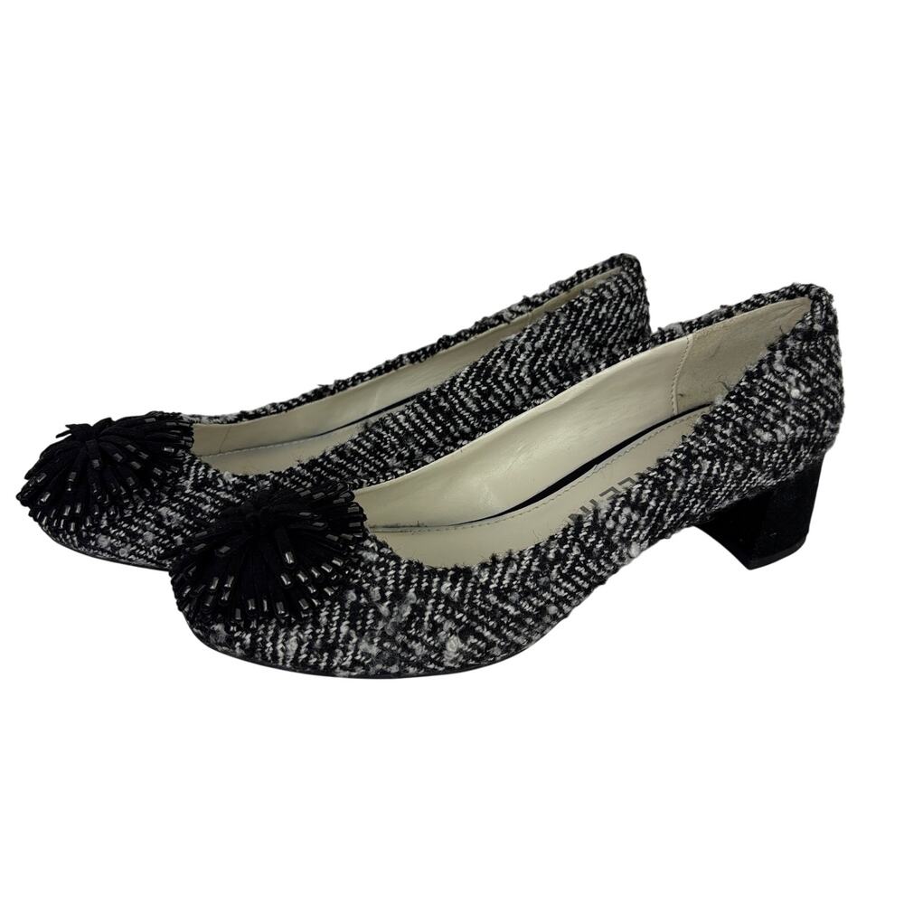 Anne Klein iflex Holly Tweed Block Heel Almond Toe Shoes tassel black white 8M